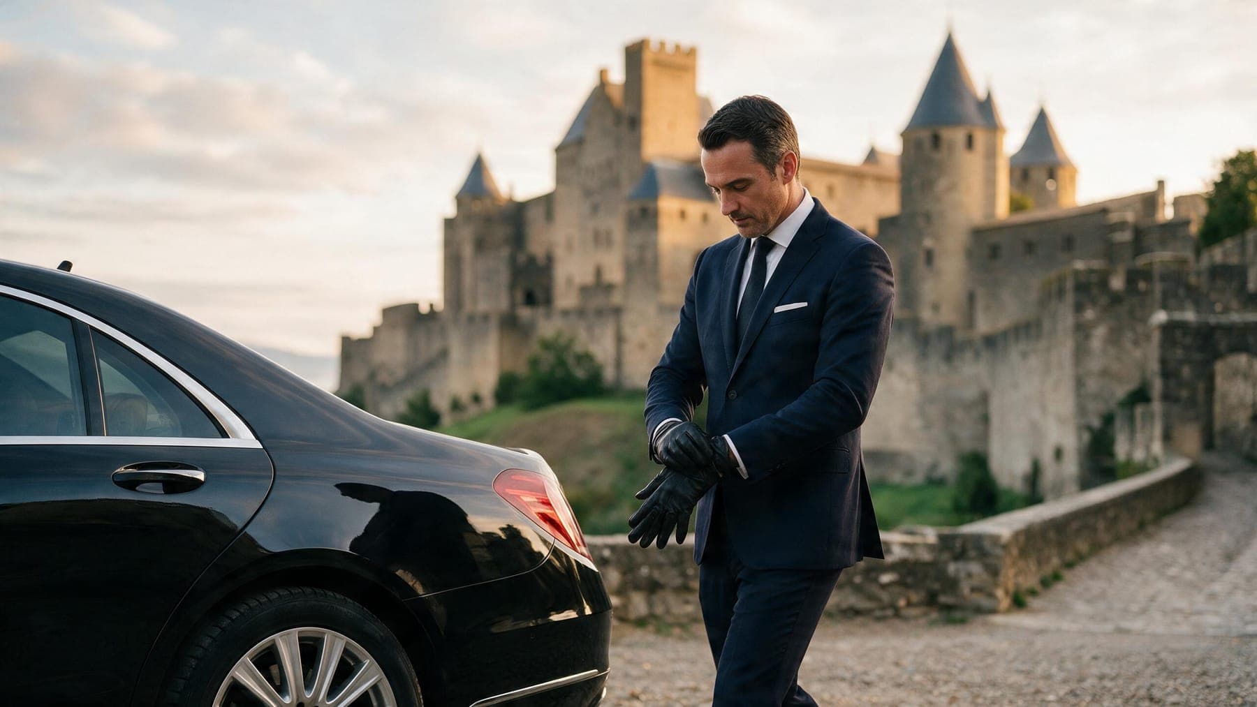 Chauffeur City Zen Way ouvrant la portière devant un château du pays cathare